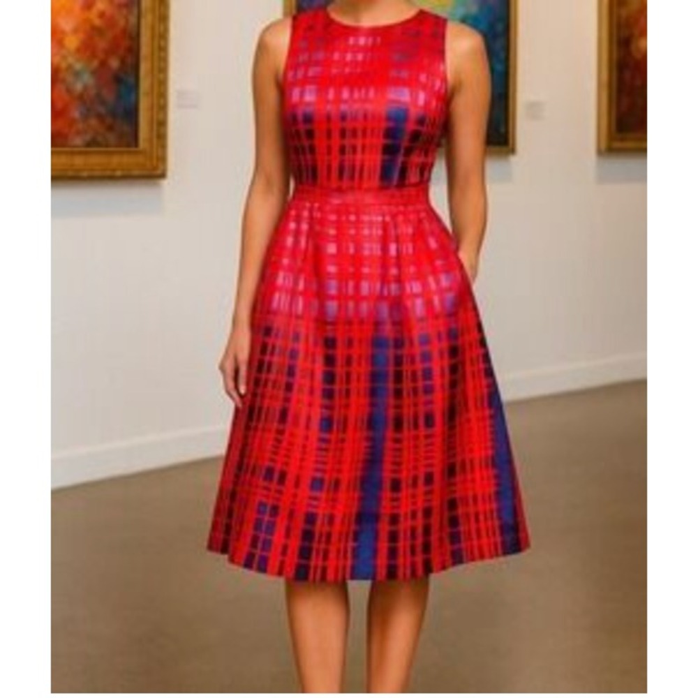 Eva Mendes New York & Company Red Purple Plaid Cut Out Fit Flare Dress Size 0
